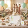 Mesa decorada para baby shower con globos pastel, cupcakes, torta y una caja de regalo premium Stars Gift de centro de mesa