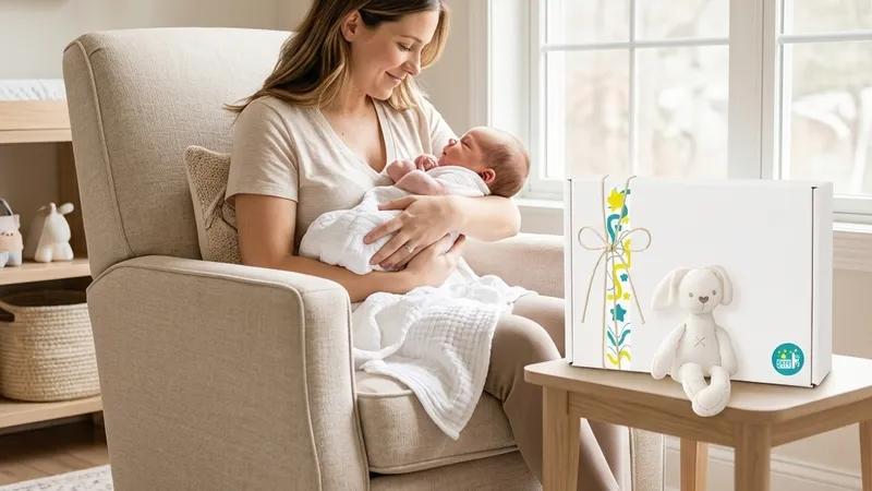 Qué regalar a una mamá que acaba de tener un bebé: ideas útiles y significativas Mamá sonriendo y cargando a su bebé recién nacido al lado de una caja de regalo premium de Stars Gift en una habitación iluminada