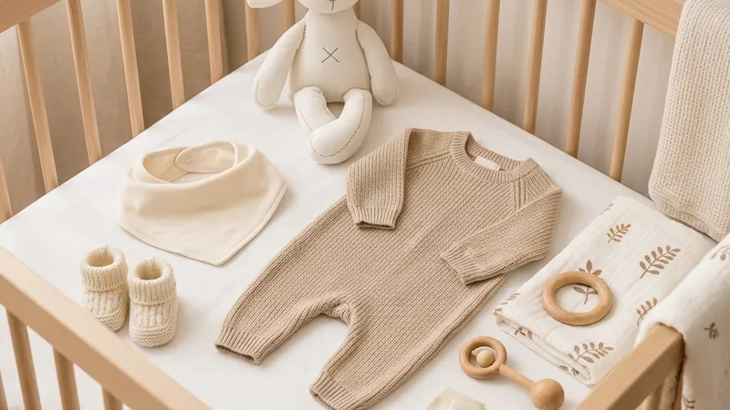 Ajuar de bebé y peluche de apego de Stars Gift con mordedor y zapatitos tejidos dispuestos en una cuna de madera
