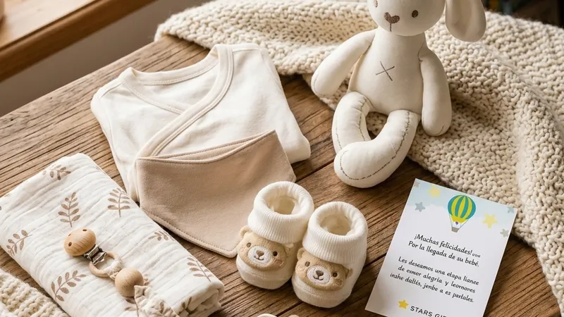 Conjunto de ajuar para recién nacido con enterito de algodón, zapatitos de oso, mordedor y peluche de conejito Stars Gift sobre mesa de madera