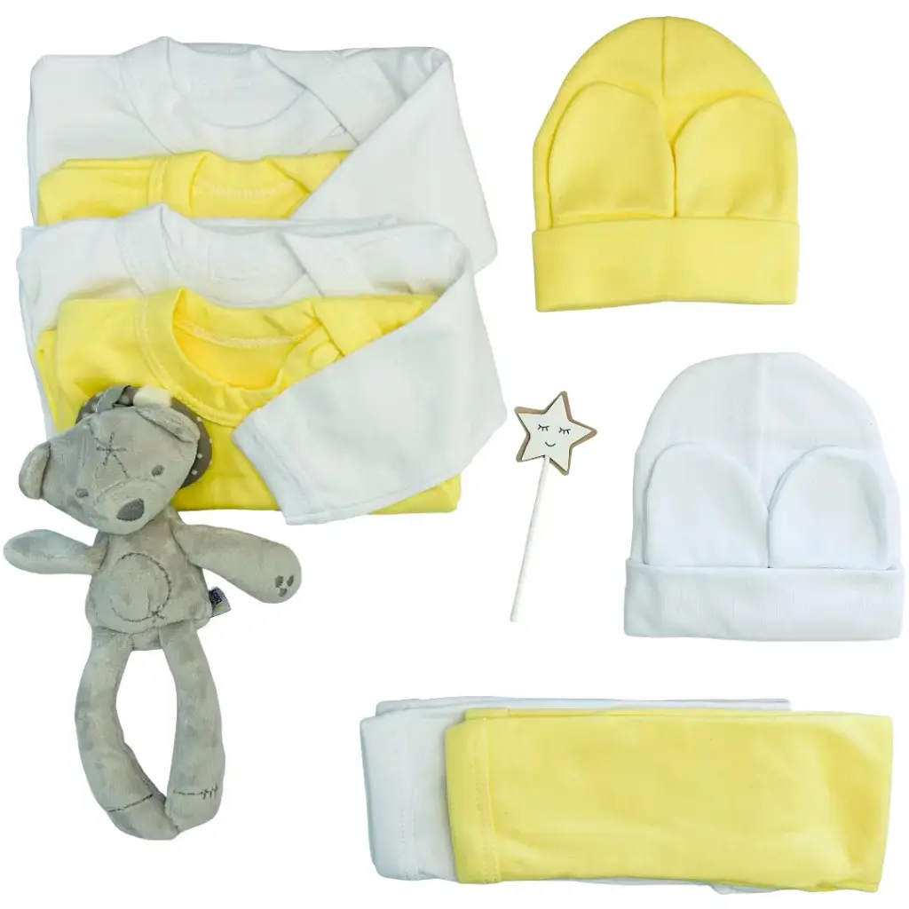 Doble ajuar neutro 0-3 meses - 10 piezas más osito sonajero