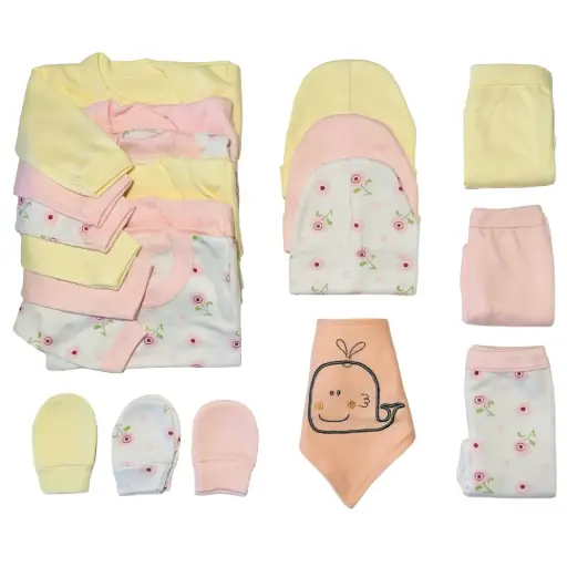 Triple ajuar "Flores Pink" 0 a 3 Meses - 15 piezas más bandana